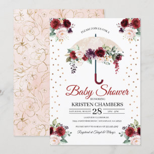 Burgundy Floral Umbrella Baby Shower Invitation
