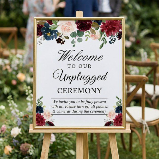 Burgundy Floral Unplugged Wedding Ceremony Sign (Creator Uploaded)