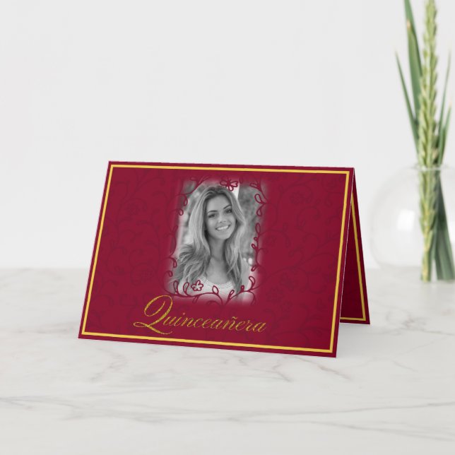 Burgundy floral vines with photo quinceanera card (Front)