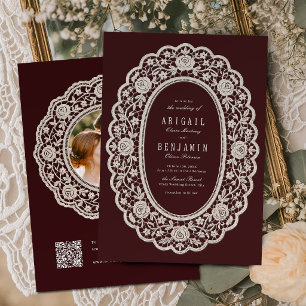 Burgundy Floral Vintage Lace Classic Wedding Invitation