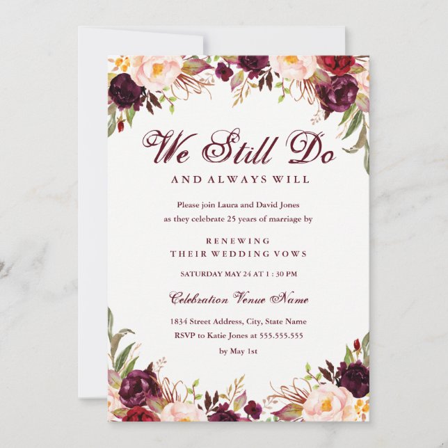 Burgundy Floral Vow Renewal Anniversary Invitation (Front)