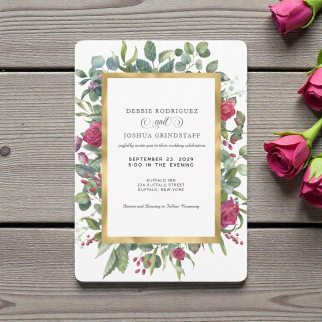 Burgundy Floral w/Gold Frame Wedding Invitation  (Creator Uploaded)