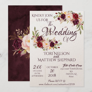 Burgundy Floral Water Paint -Simple Lines Invitation