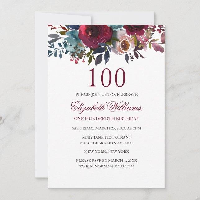 Burgundy Floral Watercolor 100th Birthday Invite (Front)