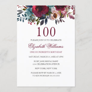 Burgundy Floral Watercolor 100th Birthday Invite