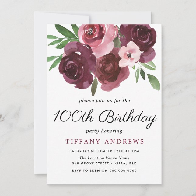 Burgundy Floral Watercolor 100th Birthday Invite (Front)