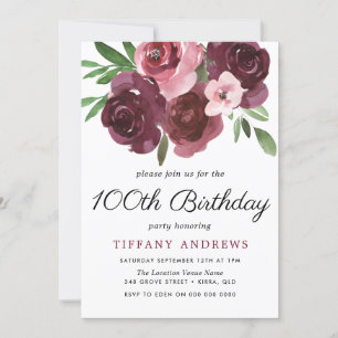 Burgundy Floral Watercolor 100th Birthday Invite