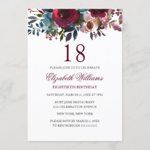 Burgundy Floral Watercolor 18th Birthday Invite