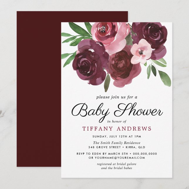 Burgundy Floral Watercolor Baby Shower Invite (Front/Back)