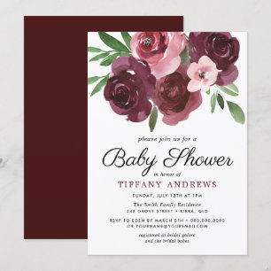 Burgundy Floral Watercolor Baby Shower Invite