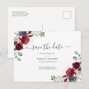 Burgundy Floral Watercolor Blush Save The Date Announcement Postcard