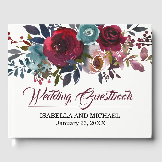 Burgundy Floral Watercolor Boho Chic Wedding Guest Book (Front)