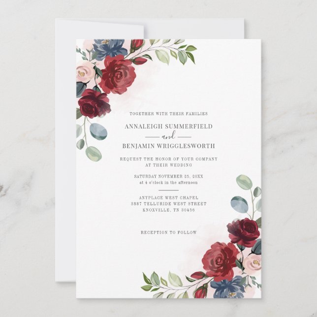 Burgundy Floral Watercolor Botanical Wedding Invitation (Front)