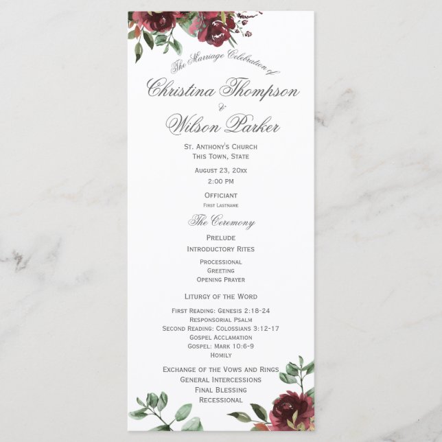 Burgundy Floral Watercolor Bouquet Wedding Program Programme (Front)