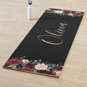 Burgundy Floral Watercolor Elegant Name Modern Yoga Mat
