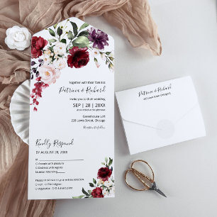 Burgundy Floral Watercolor Elegant Wedding All In One Invitation