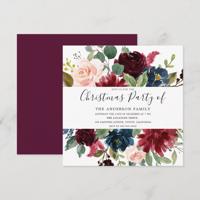 Burgundy Floral Watercolor Family Christmas Party Invitation (Front/Back)