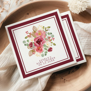 Burgundy Floral Watercolor Flowers Baby Shower Napkin