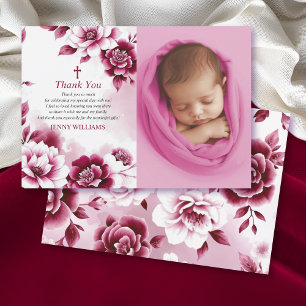Burgundy floral watercolor girl Baptism photo Thank You Card