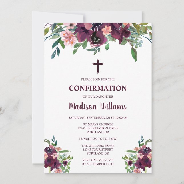 Burgundy  Floral Watercolor Girls Confirmation Invitation (Front)