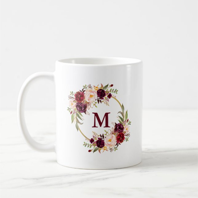 Burgundy Floral Watercolor Gold Circle Monogram B Coffee Mug (Left)