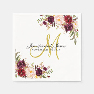 Burgundy Floral Watercolor Gold Monogram Wedding Napkin