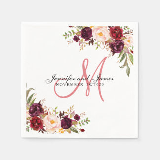 Burgundy Floral Watercolor Gold Monogram Wedding Napkin