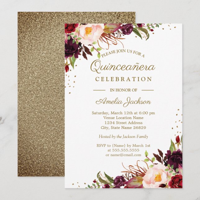 Burgundy Floral Watercolor Gold Quinceanera Invite (Front/Back)