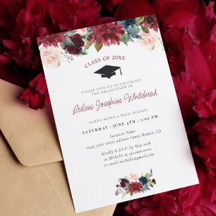 Burgundy Floral Watercolor Graduation Party Invitation