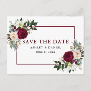 Burgundy Floral Watercolor Greenery Save the Date Announcement Postcard