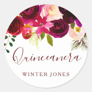 Burgundy Floral Watercolor Quinceanera Party Favou Classic Round Sticker