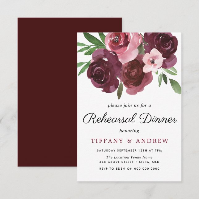 Burgundy Floral Watercolor Rehearsal Dinner Invite (Front/Back)