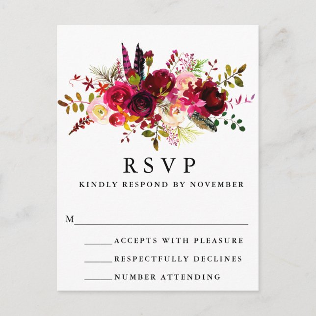 Burgundy Floral Watercolor RSVP Postcard (Front)