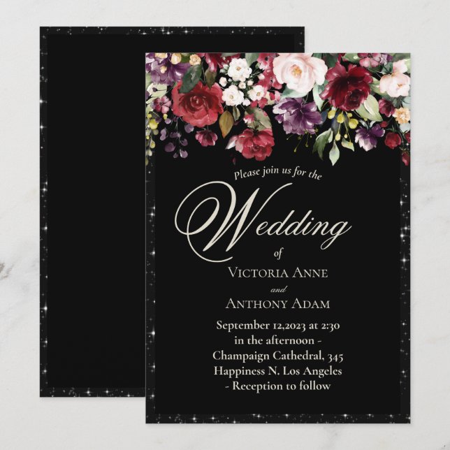 Burgundy Floral Watercolor Rustic Black Wedding In Invitation (Front/Back)