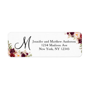 Burgundy Floral Watercolor Script Monogram Address