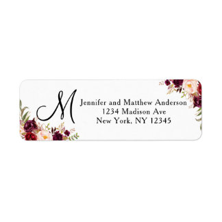 Burgundy Floral Watercolor Script Monogram Address