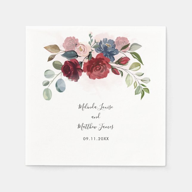 Burgundy Floral Watercolor Script Wedding Paper Napkin (Front)