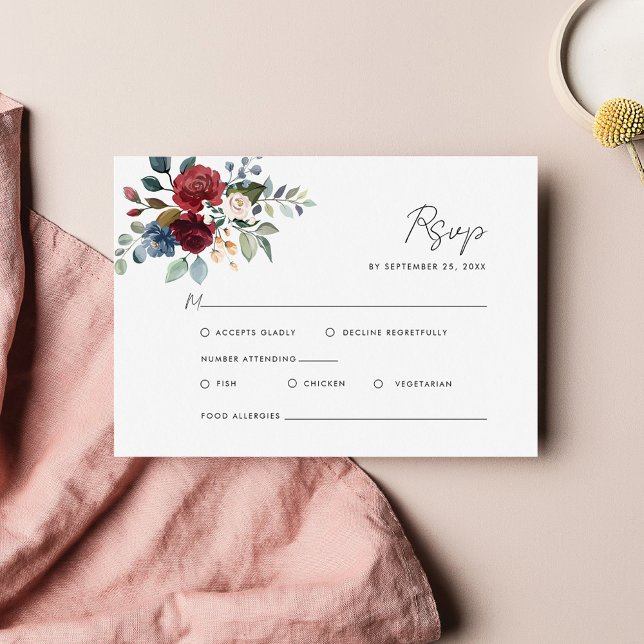 Burgundy Floral Watercolor Script Wedding RSVP Card (Burgundy Floral Script Wedding RSVP Card)