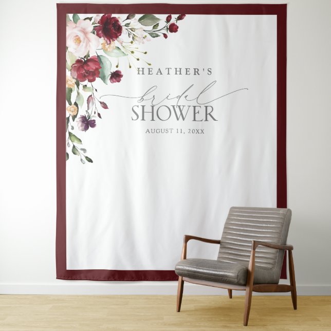Burgundy Floral Watercolor Shower Photo Booth Tapestry (In Situ)