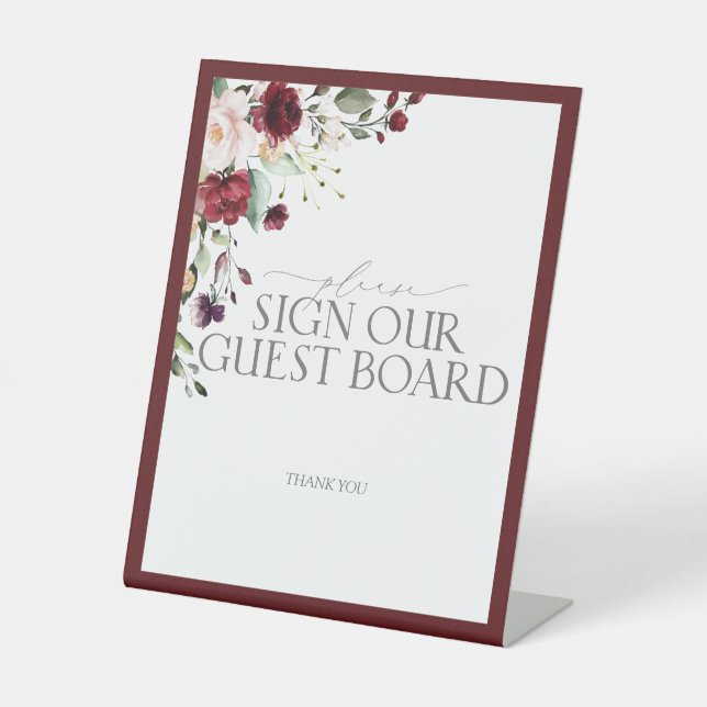 Burgundy Floral Watercolor Wedding Guest Board Pedestal Sign (Front)