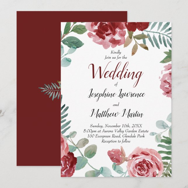Burgundy Floral Watercolor Wedding Invitation (Front/Back)