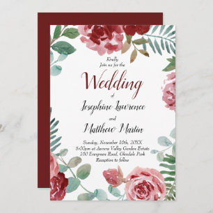 Burgundy Floral Watercolor Wedding Invitation
