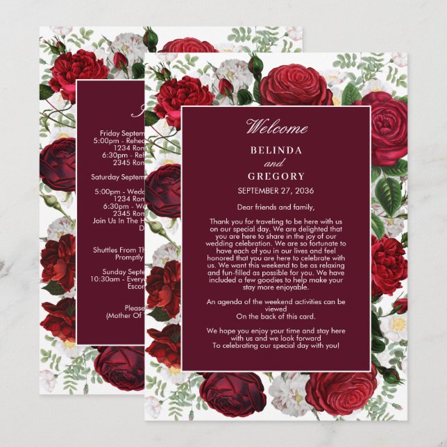Burgundy Floral Watercolor Wedding Itinerary (Front/Back)