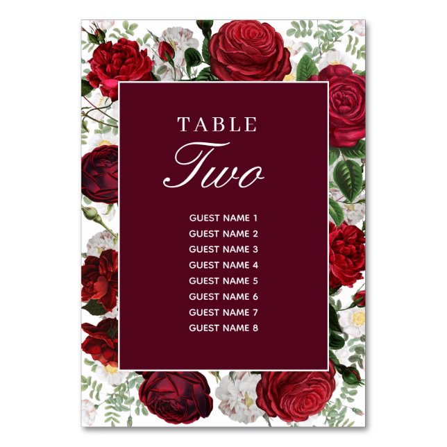 Burgundy Floral Watercolor Wedding Itinerary Table Number (Front)