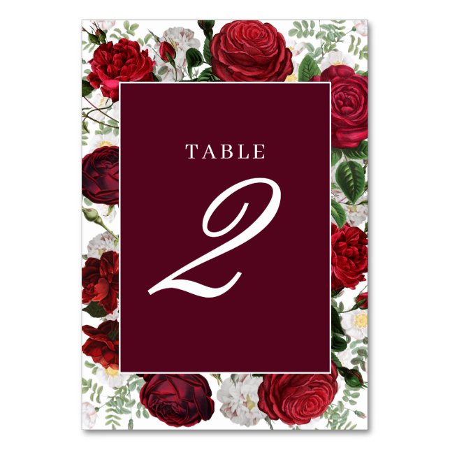 Burgundy Floral Watercolor Wedding Itinerary Table Number (Front)