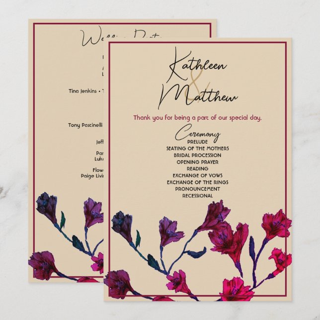 Burgundy Floral Watercolor Wedding Programme (Front/Back)