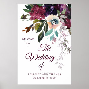 Burgundy Floral Watercolor Wedding Welcome Poster