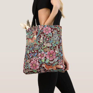 Burgundy Floral Watercolor Woodland Animal Fall Tote Bag