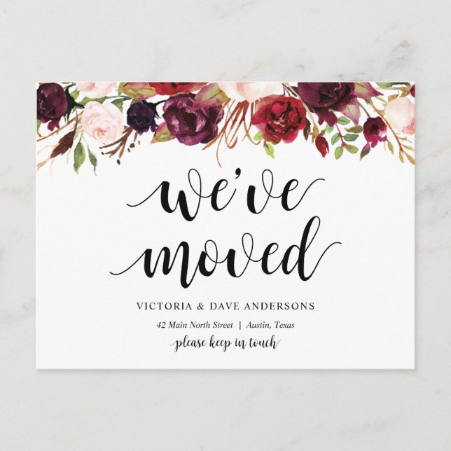 Burgundy floral, We have moved Announcement Postcard (Front)