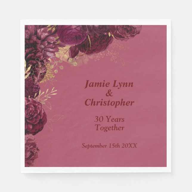 Burgundy Floral Wedding Anniversary Napkin (Front)